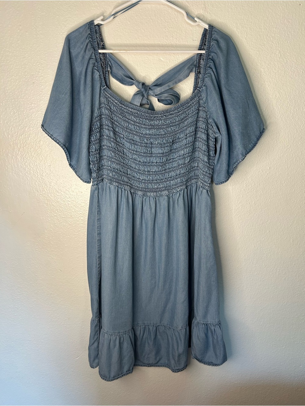 Sweet Wanderer Light Blue Smocked Chambray Top with Tie